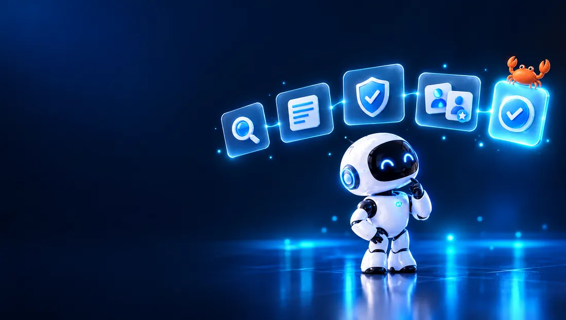 Agente de IA recorriendo cinco tarjetas: descubrir, entender, verificar, comparar y actuar